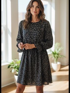 👗Caramel Black and Tan Patterned Dress